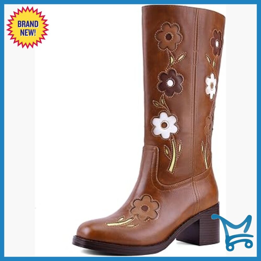 Floral Embroidered Knee High Boots Chunky Heel Square Toe Vegan Leather